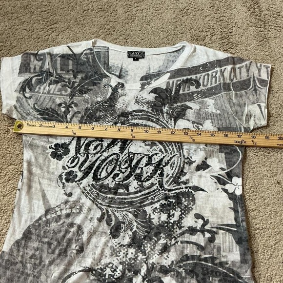 Y2K Jay Joshua New York Graphic Print T Shirt White Black Rhinestone Embellished - Picture 3 of 7